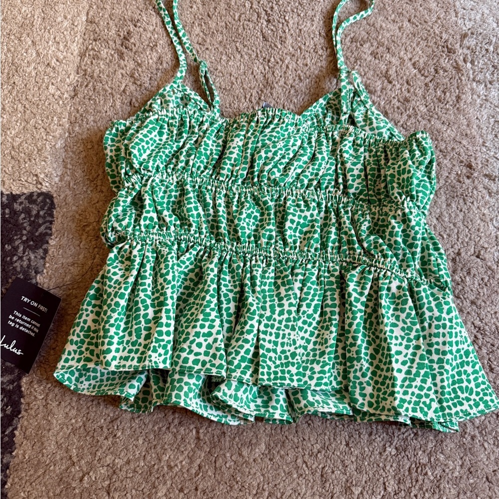 Lulu's Green and White Patterned Peplum Tank Top- Size Small - Picture 2 of 6